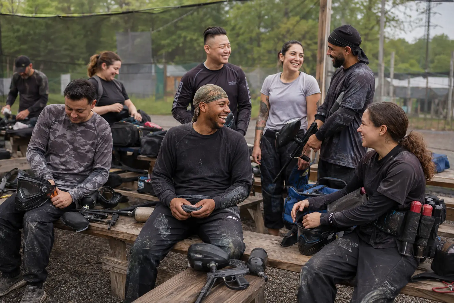 Paintball players gathering and gearing up together in a field staging area